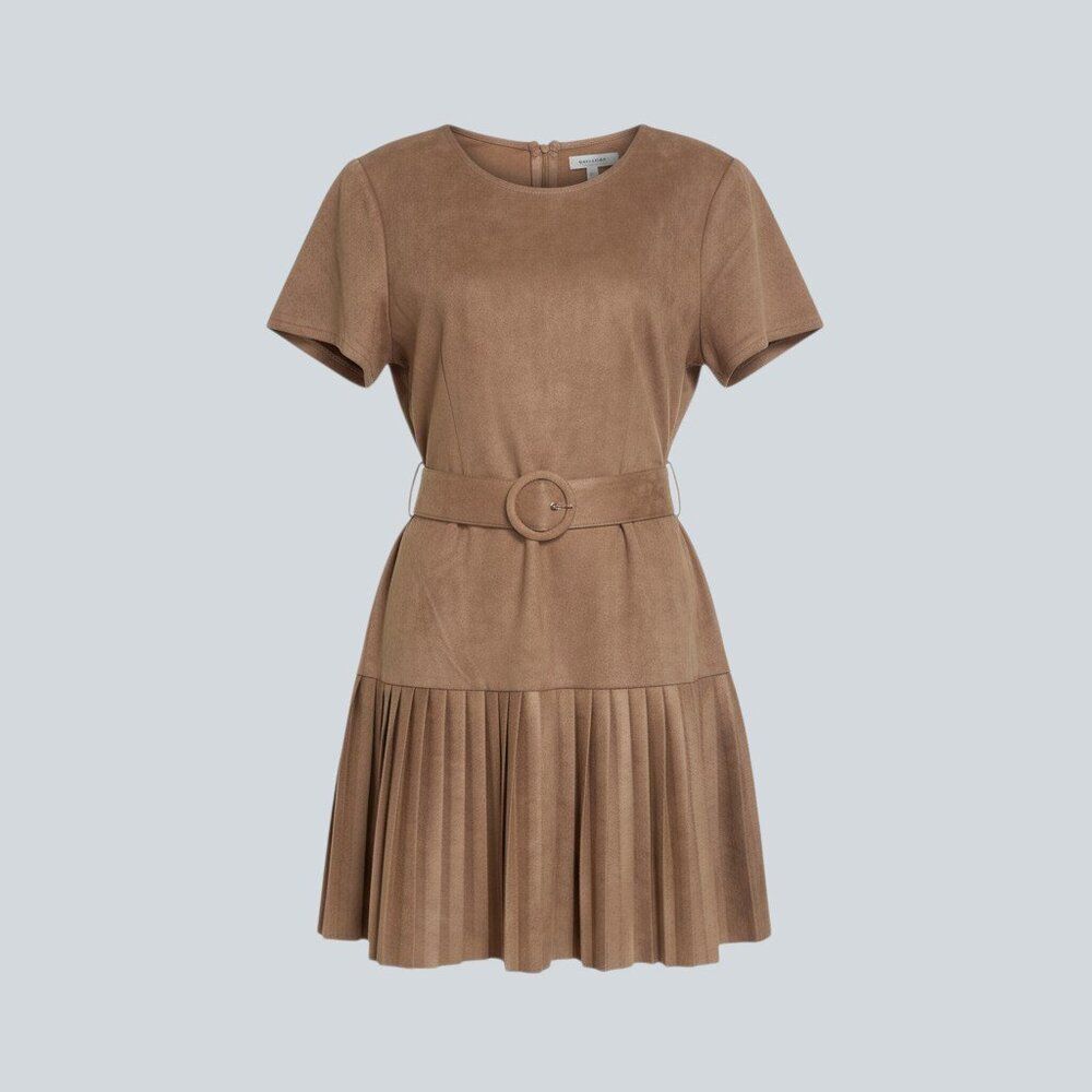 Elizabeth & Nicole Pleated Mini‎ Dress in Tan (Size L)